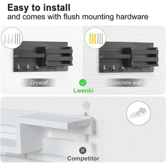 Mail Organizer for Wall Mount–Key Holder with Shelf Includes Letter Holder&Hooks - Picture 4 of 7